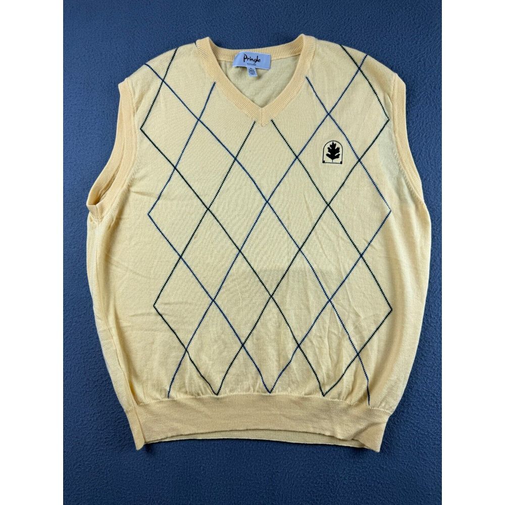 Pringle Sweater Vest Mens XL Yellow 100% Merino Wool Argyle VTG Golf Grandpacore